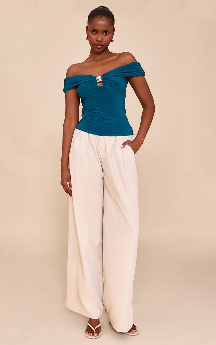 Teal Double Layer Slinky Trim Detail Bardot Long Top image 3