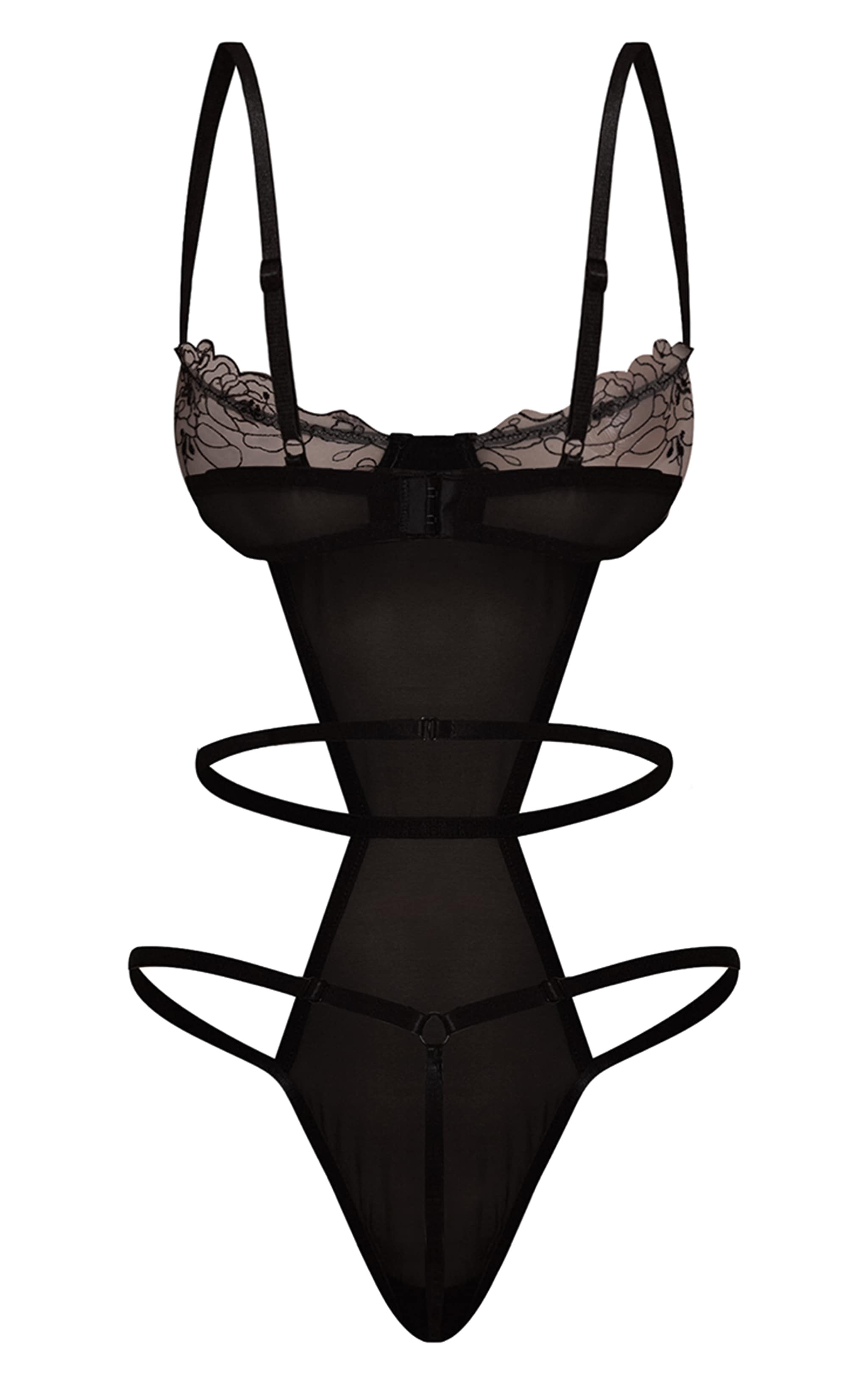 Black Sheer Floral Lace Detail Bodysuit image 6