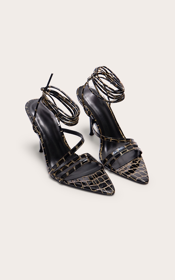 Black Contrast Croc Pu Point Toe Lace Up Heeled Sandals image 2