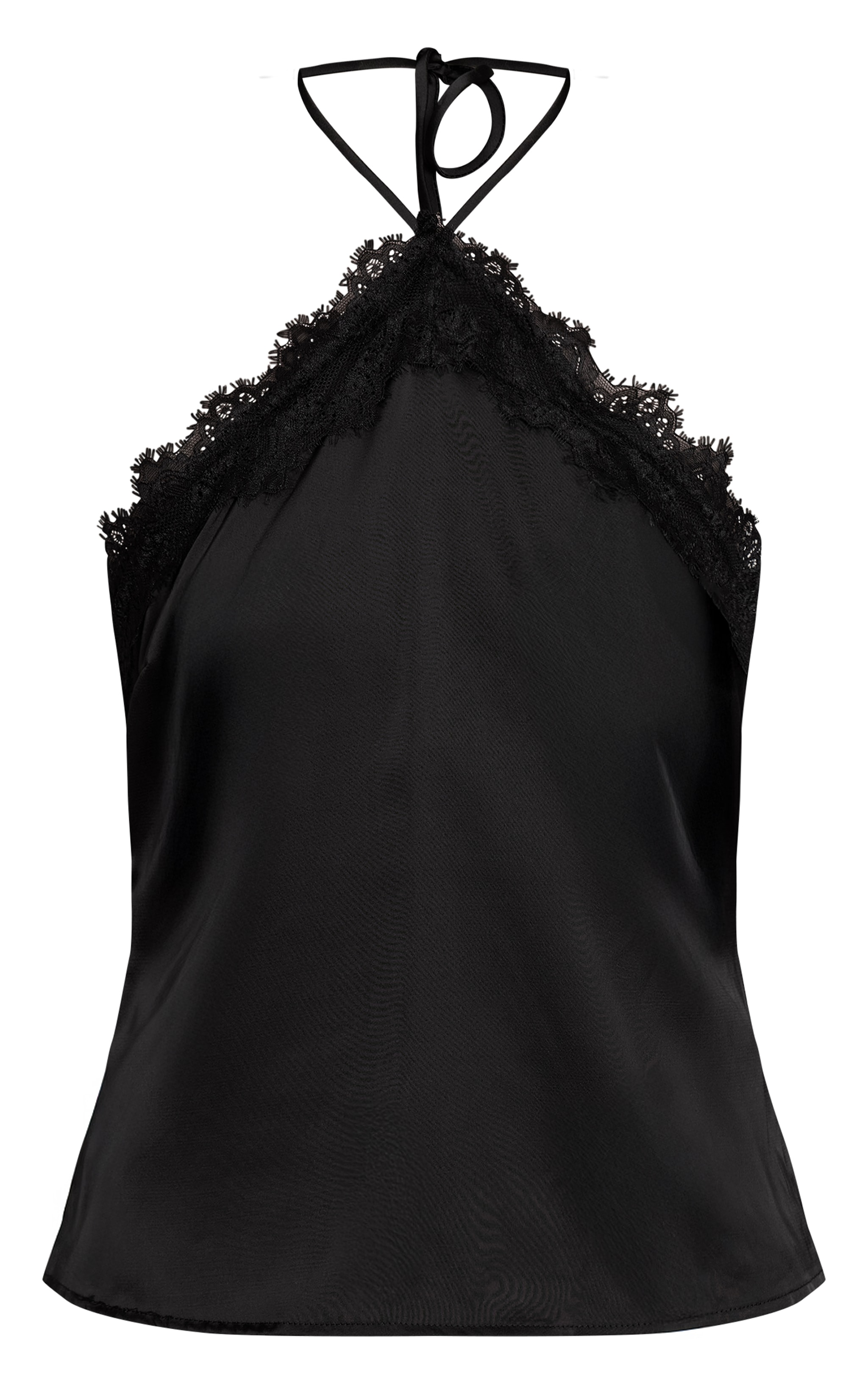 Black Satin Lace Trim Halterneck Cami Top image 5