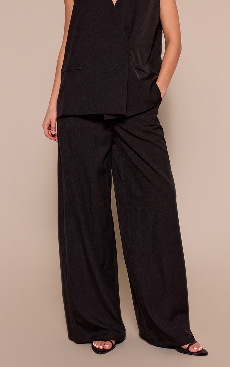  Black Woven Pleated Mid Rise Wide Leg Pant image 2