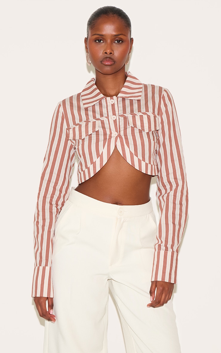 Brown Striped Curved Hem Cropped Shirt image 1