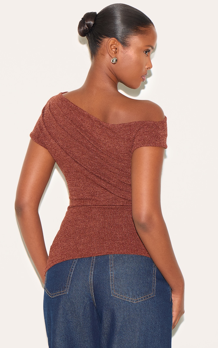 Brown Textured Ruched Asymmetric Longline Top image 2