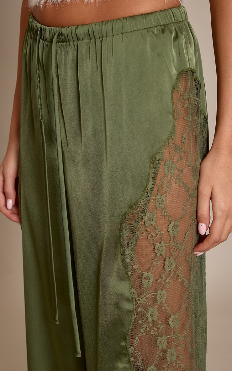 Dark Olive Satin Lace Drawstring Pants image 4