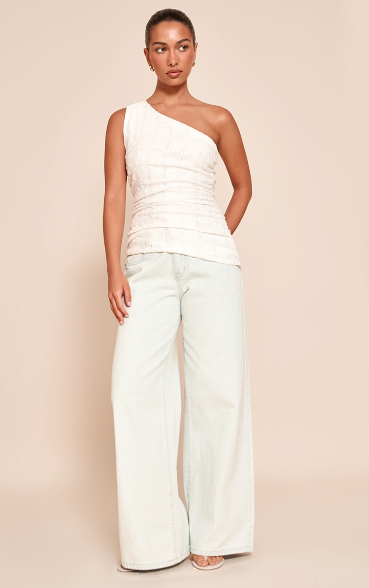 White Crochet Textured One Shoulder Ruched Top image 3
