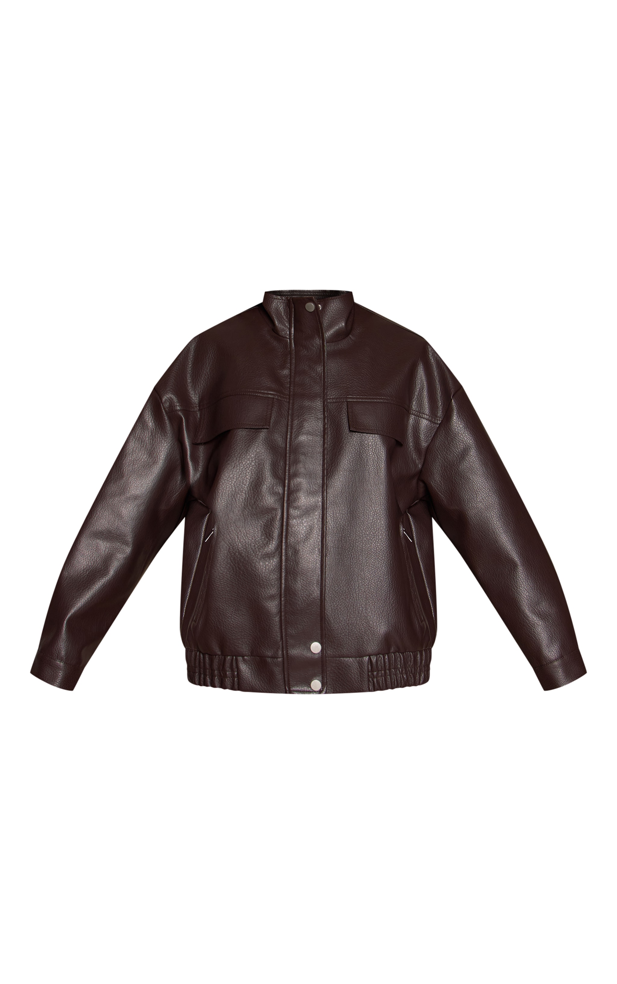 Chocolate Funnel Neck Concealed Placket Faux Leather Jacket image 5