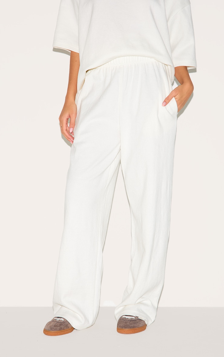 Pantalon large en jersey crème à taille mi-haute image 2