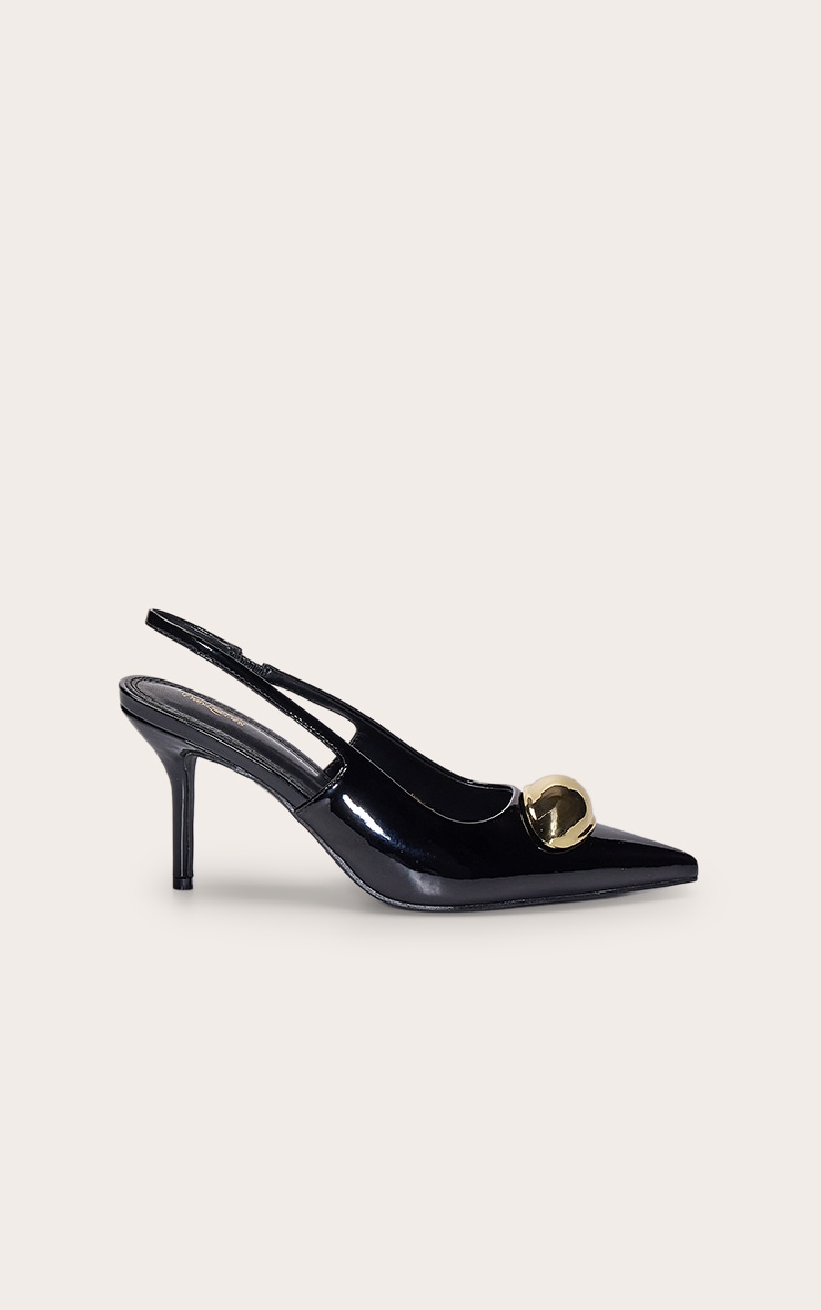 Black Patent Gold Dome Trim Sling Back Court Heels image 2