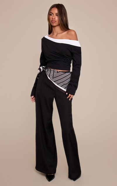 Petite Black Scarf Detail Tailored Trousers