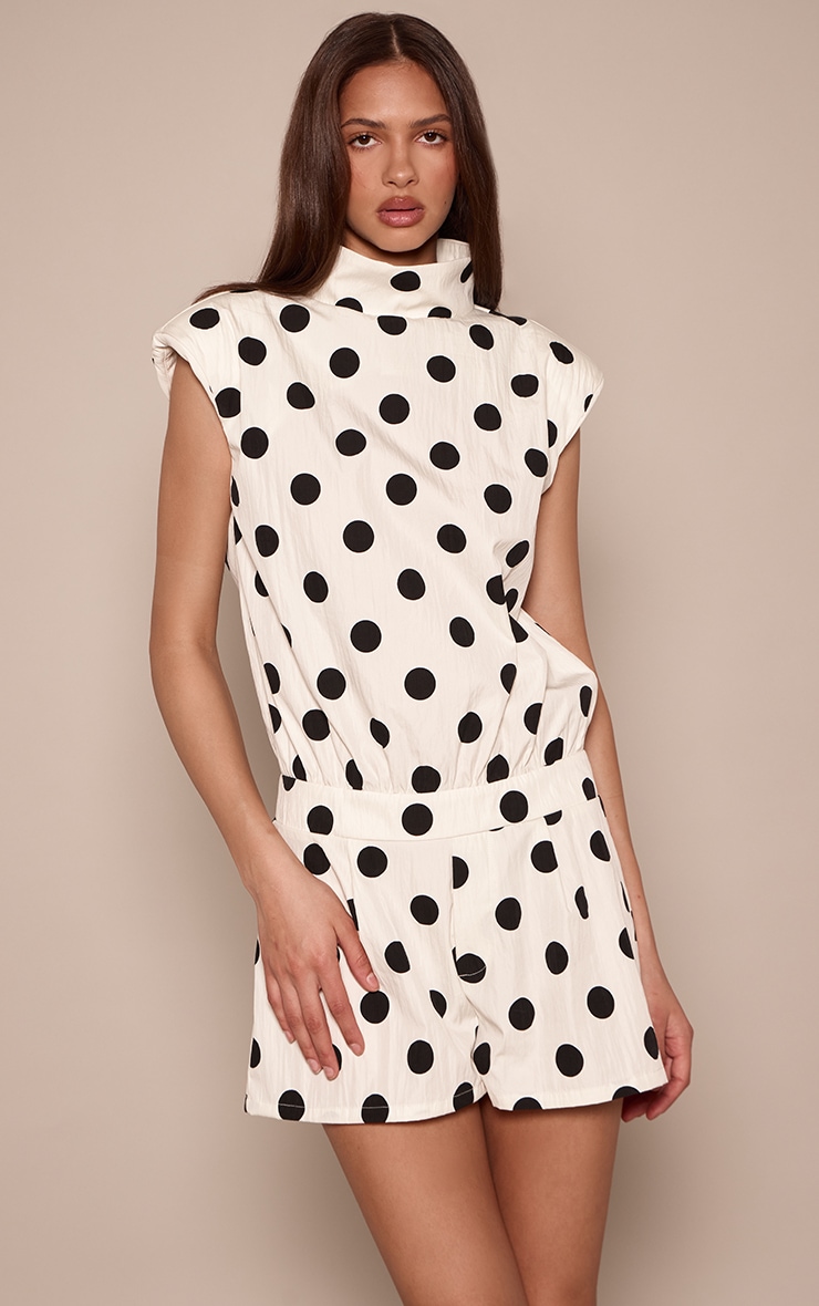 Cream Polka Dot Funnel Neck Romper image 1