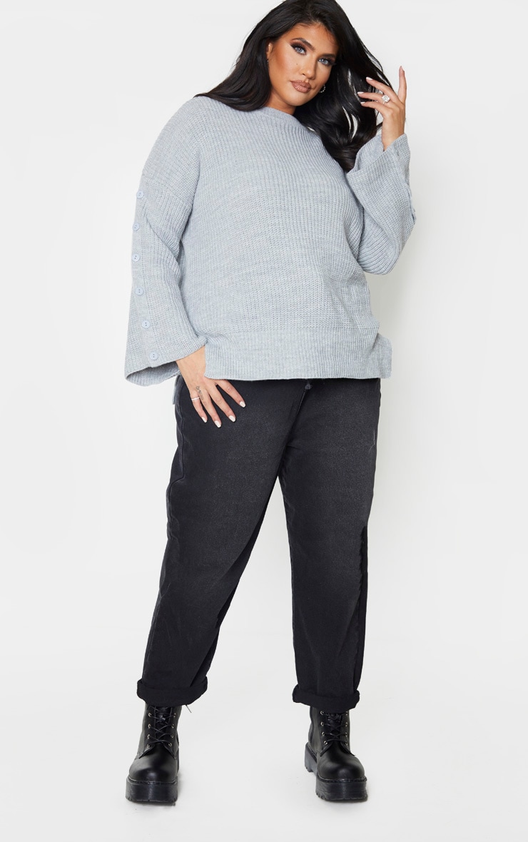 Plus Grey Button Detail Flare Sleeve Knit Sweater