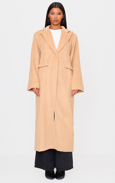 Camel Brushed Wool Look Oversized Drop Shoulder Coat