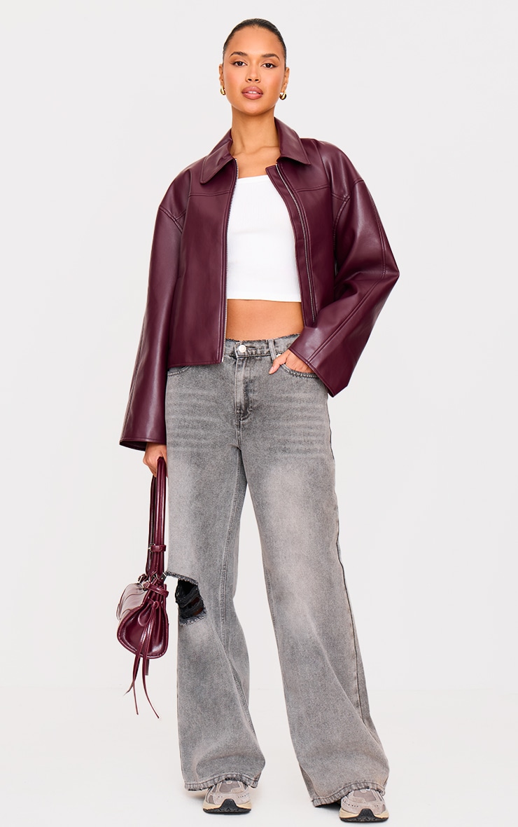 Burgundy Zip Through Pu Jacket image 3