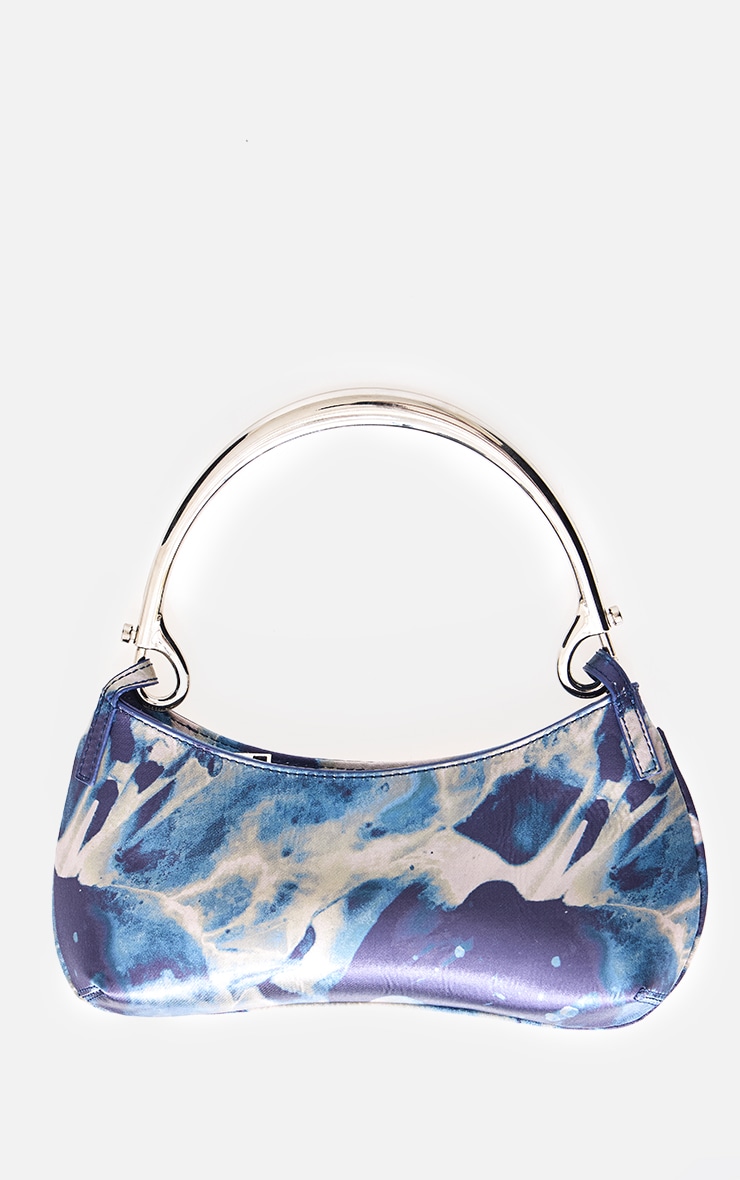 Blue Satin Print Baguette Metal Trim Handbag image 2