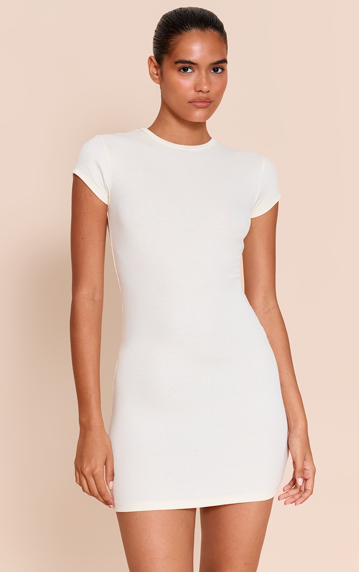 Cream Soft Touch Ribbed Cap Sleeve Bodycon Dress image 1