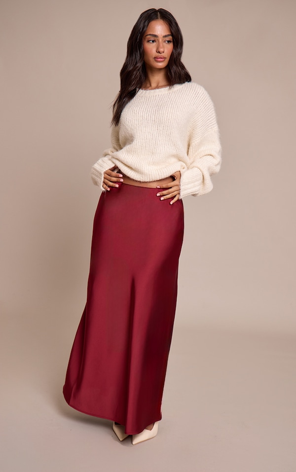 Petite Burgundy Satin Flowy Maxi Skirt
