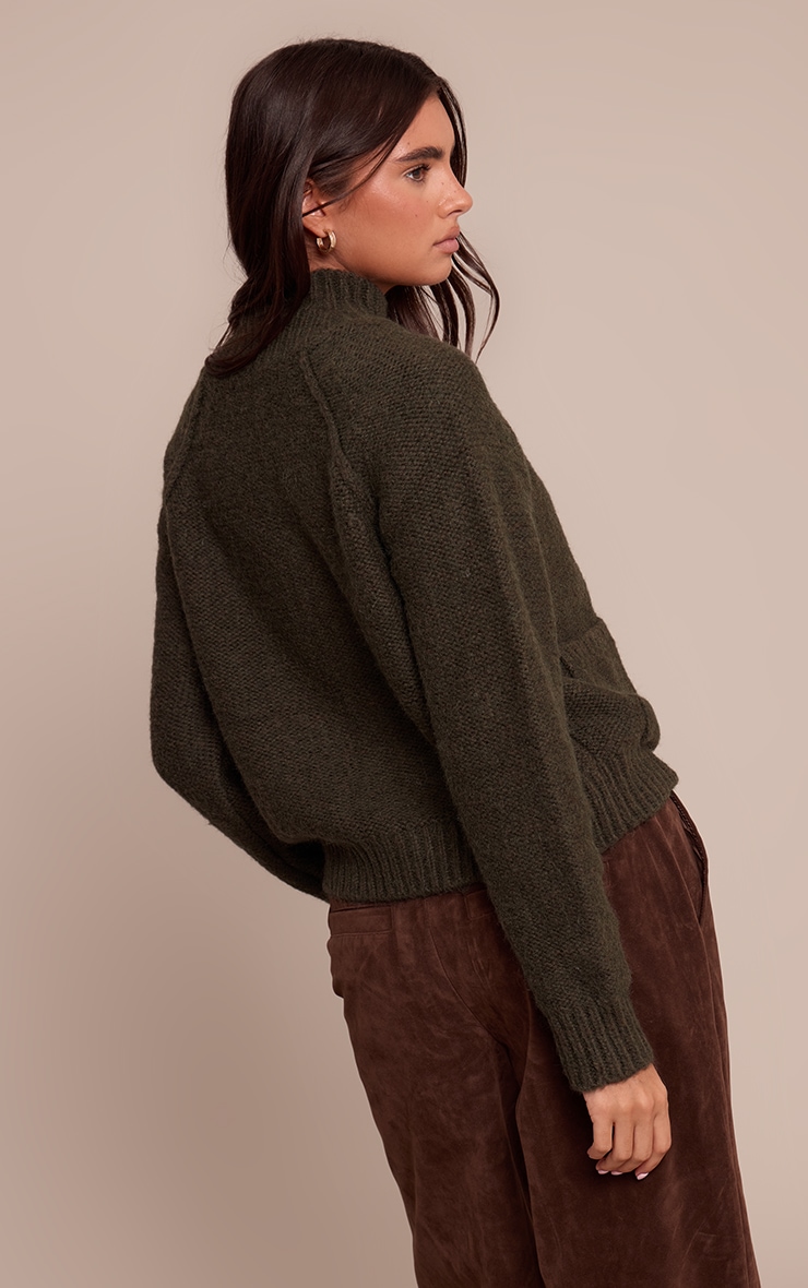Cardigan en maille tricot vert olive à zip et poches image 2