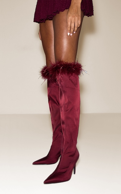 Oxblood Satin Feather Trim Heeled Knee High Boot