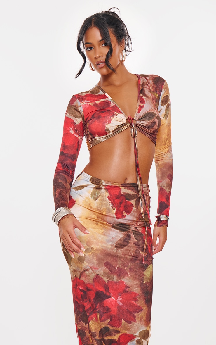 Tall Multi Floral Print Soft Touch Tie Front Top image 1