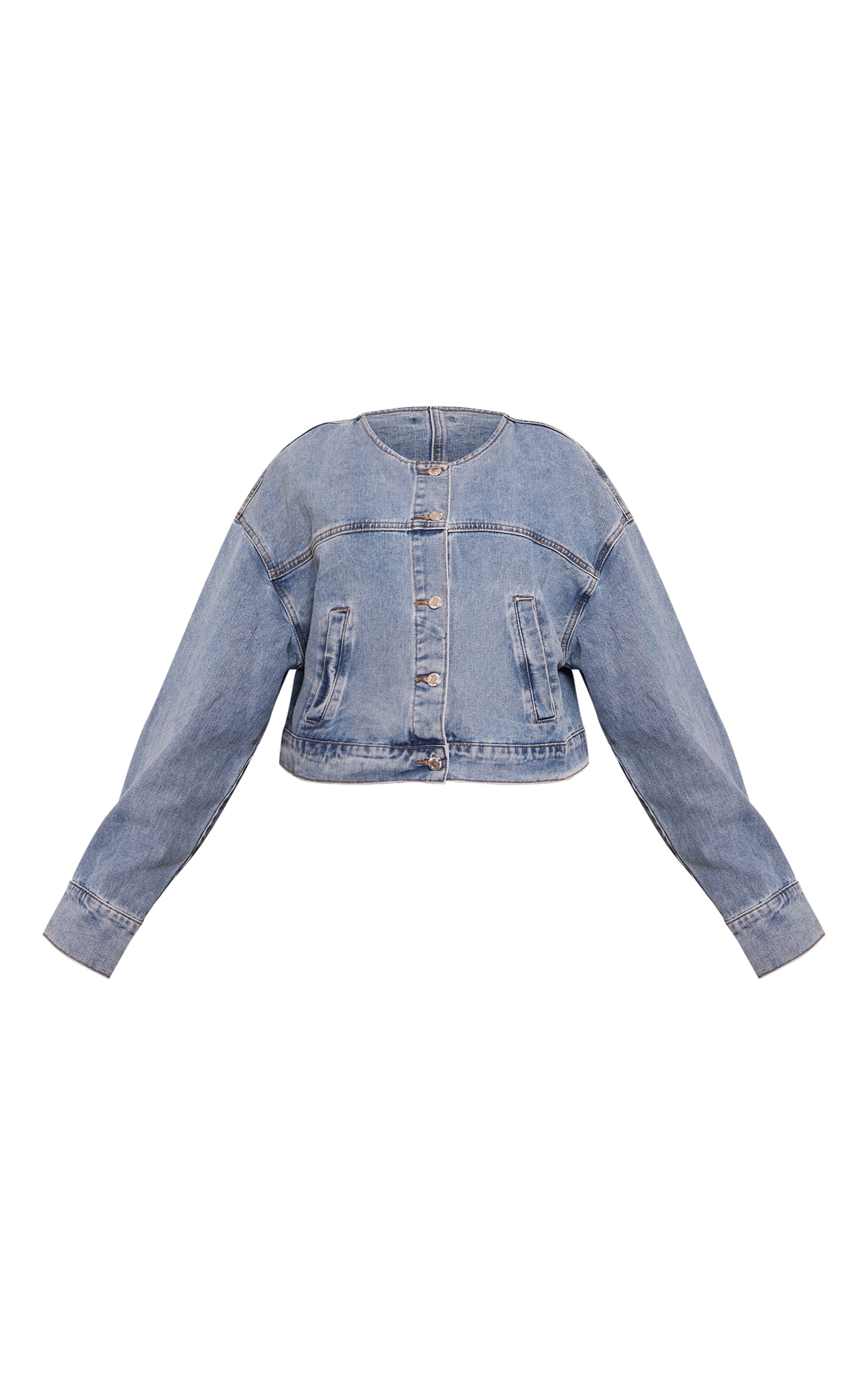 Plus Mid Blue Wash Collarless Cropped Denim Jacket image 5