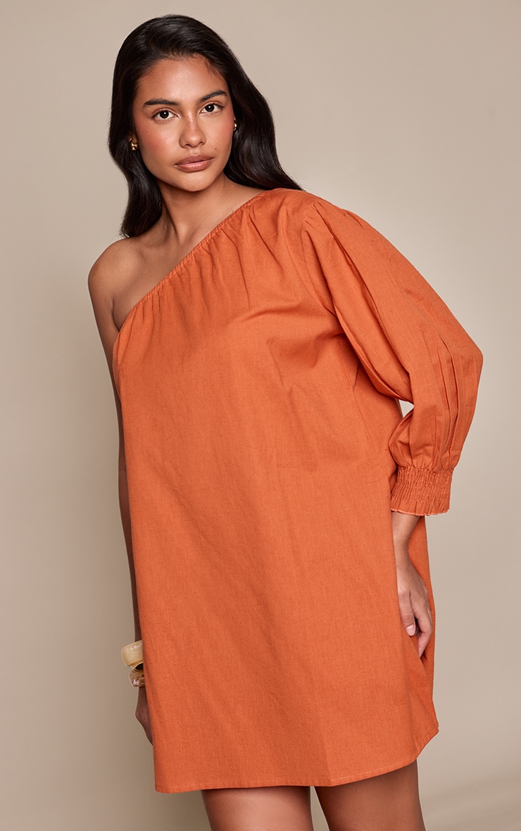 Burnt Orange Linen Look One Shoulder Shift Dress