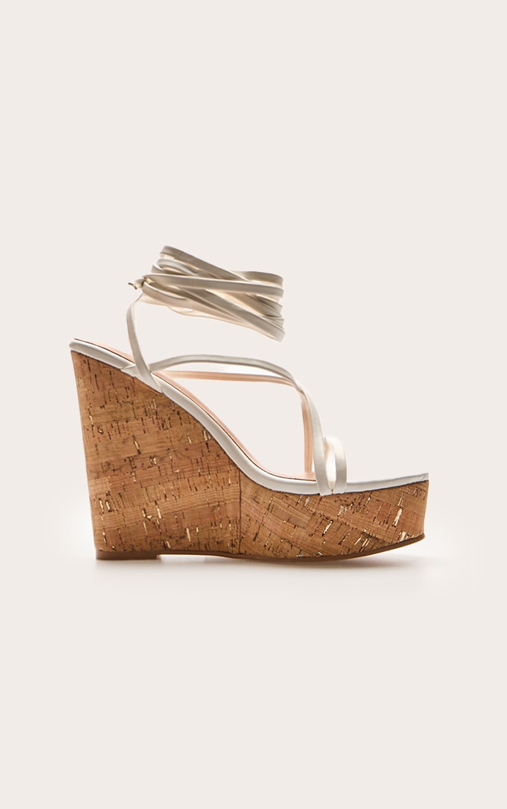 White Pu Strappy Lace Up High Heel Cork Wedges image 2