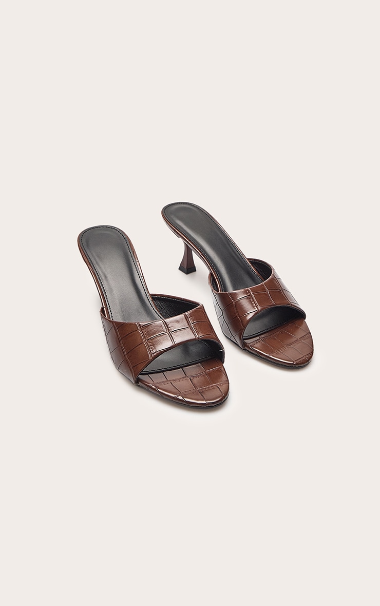 Chocolate Croc Faux Leather Mid Heel Mules image 3