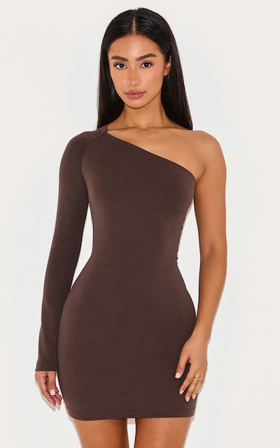 Petite Chocolate Modal One Shoulder Ruched Bodycon Mini Dress