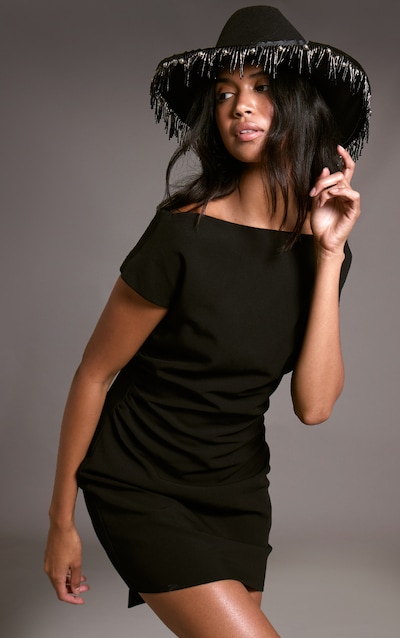 Black Woven Drape Sleeve Mini Dress