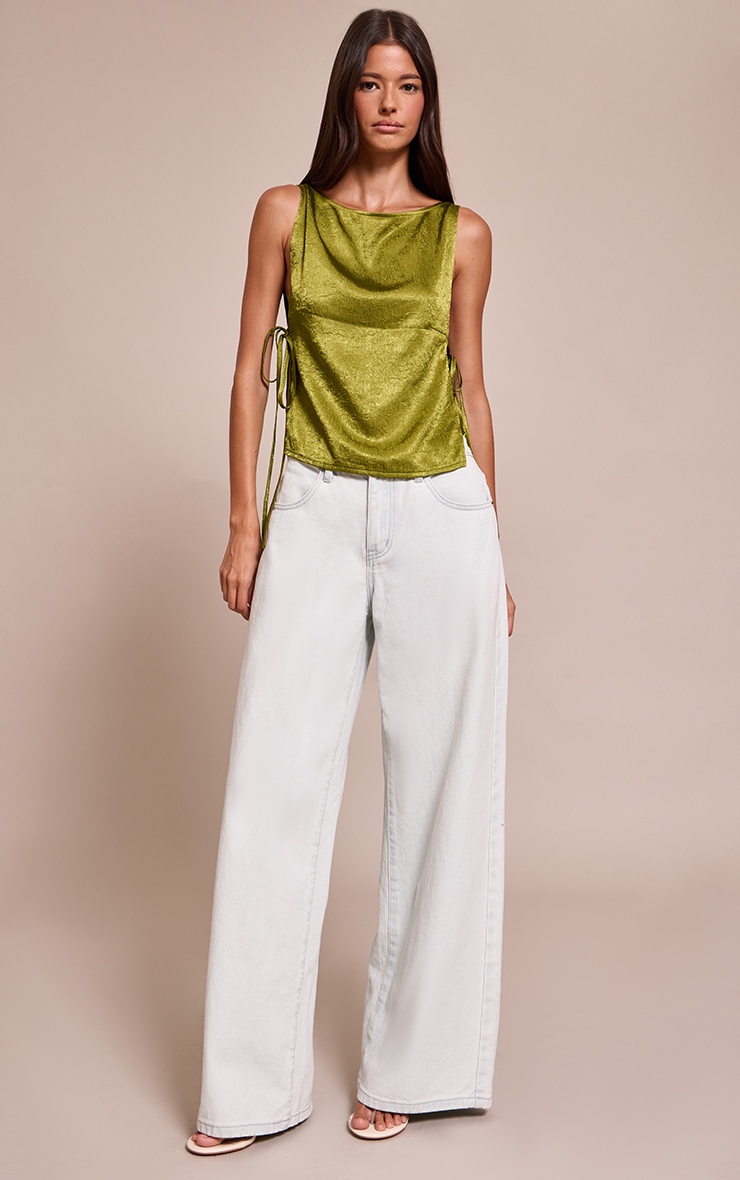 Olive Textured Satin Tie Side Long Top image 3