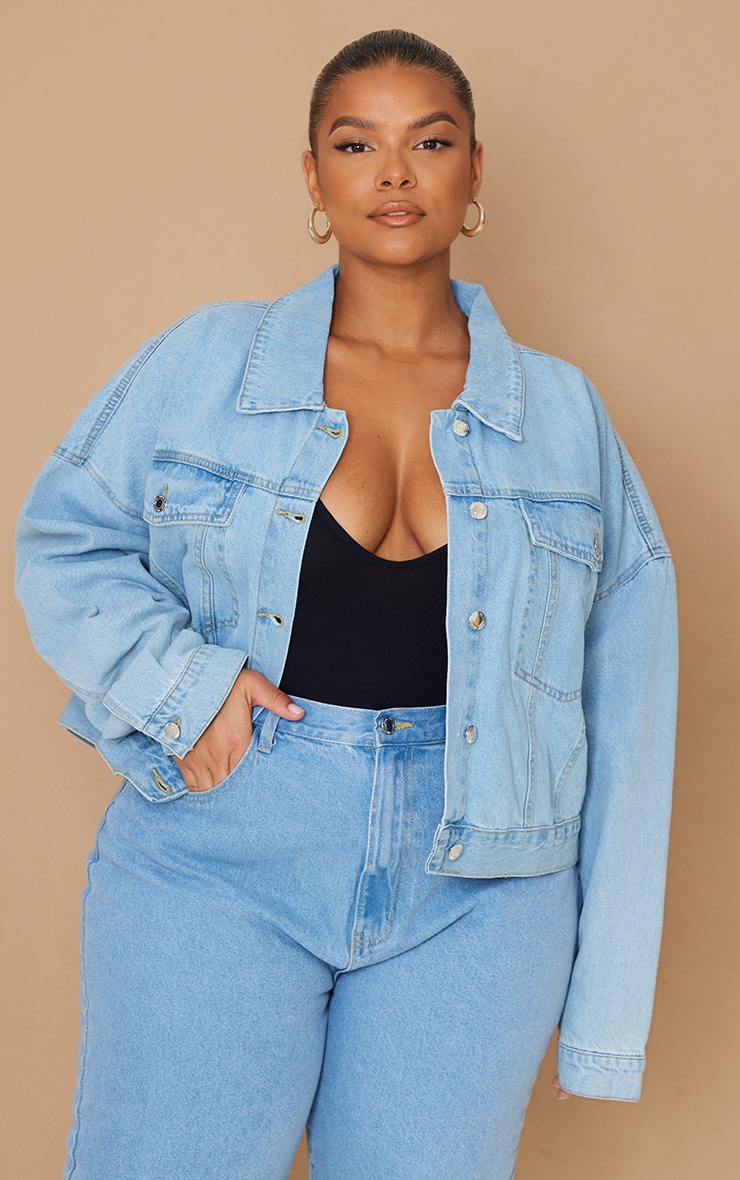 Plus Size Blue Denim Coat With V Neck Front Pockets And Relaxed Oversized Fit For Autumn