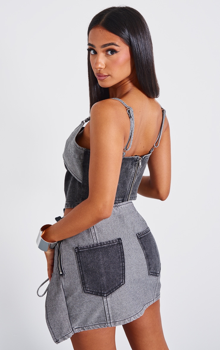 Petite Black Denim Double Layered Corset Top image 2