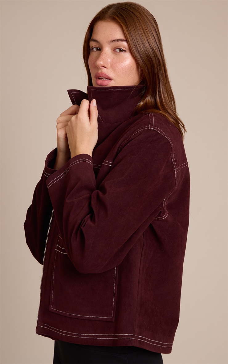 Burgundy Pocket Detail Faux Suede Jacket image 4