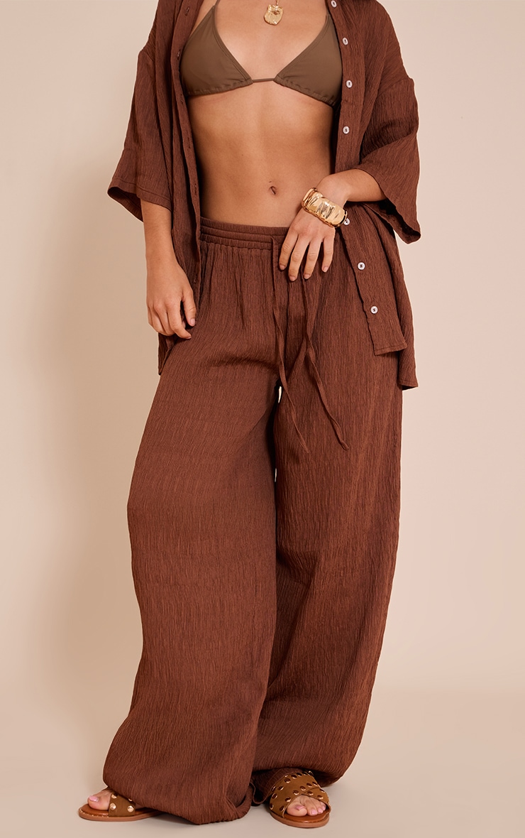 Dark Brown Textured Woven Drawstring Wide Leg Pants image 2