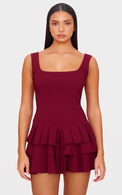 Combishort jupe short tissé stretch bordeaux plissé