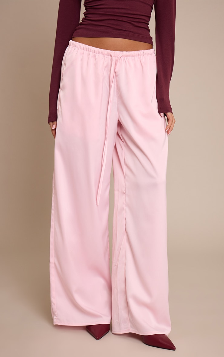 Baby Pink Satin Low Rise Wide Leg Tie Waist Pants image 2