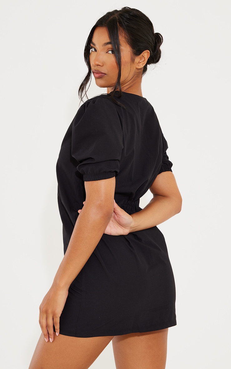 Black Oversized Button Down Puff Sleeve Shirt Dress image 2