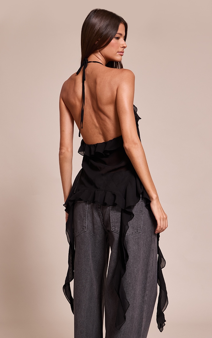 Black Chiffon Ruffle Drape Detail Longline Top image 2