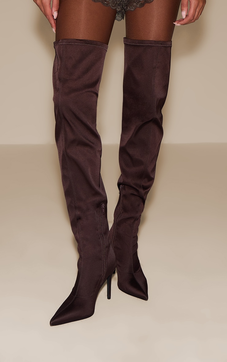 Chocolate Satin Point Toe Over The Knee Stiletto Boot image 5