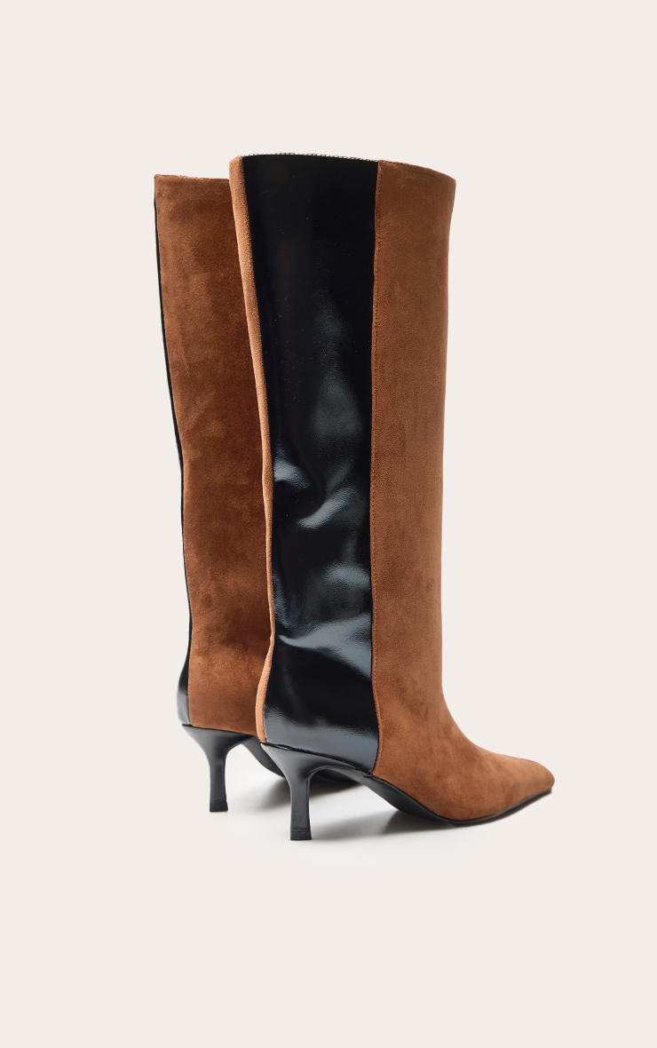 Black PU Tan Suede Contrast Heeled Knee High Boot image 4