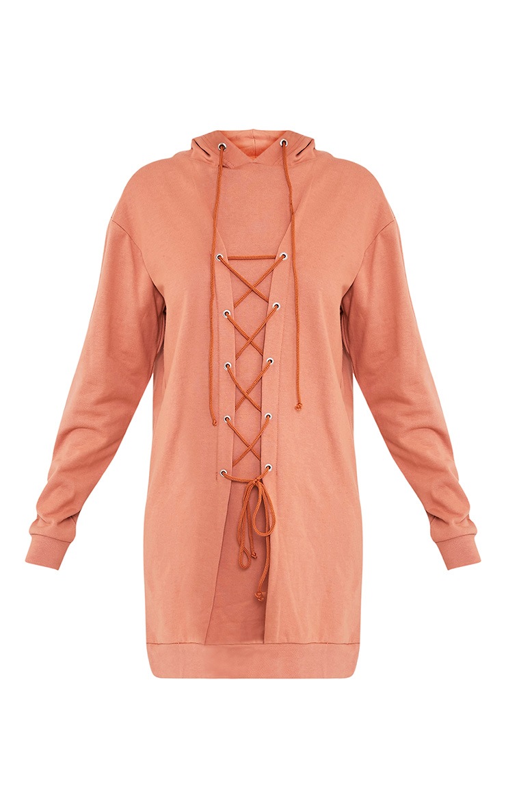 Bexie Deep Peach Lace Up Hooded Sweater Dress Dresses