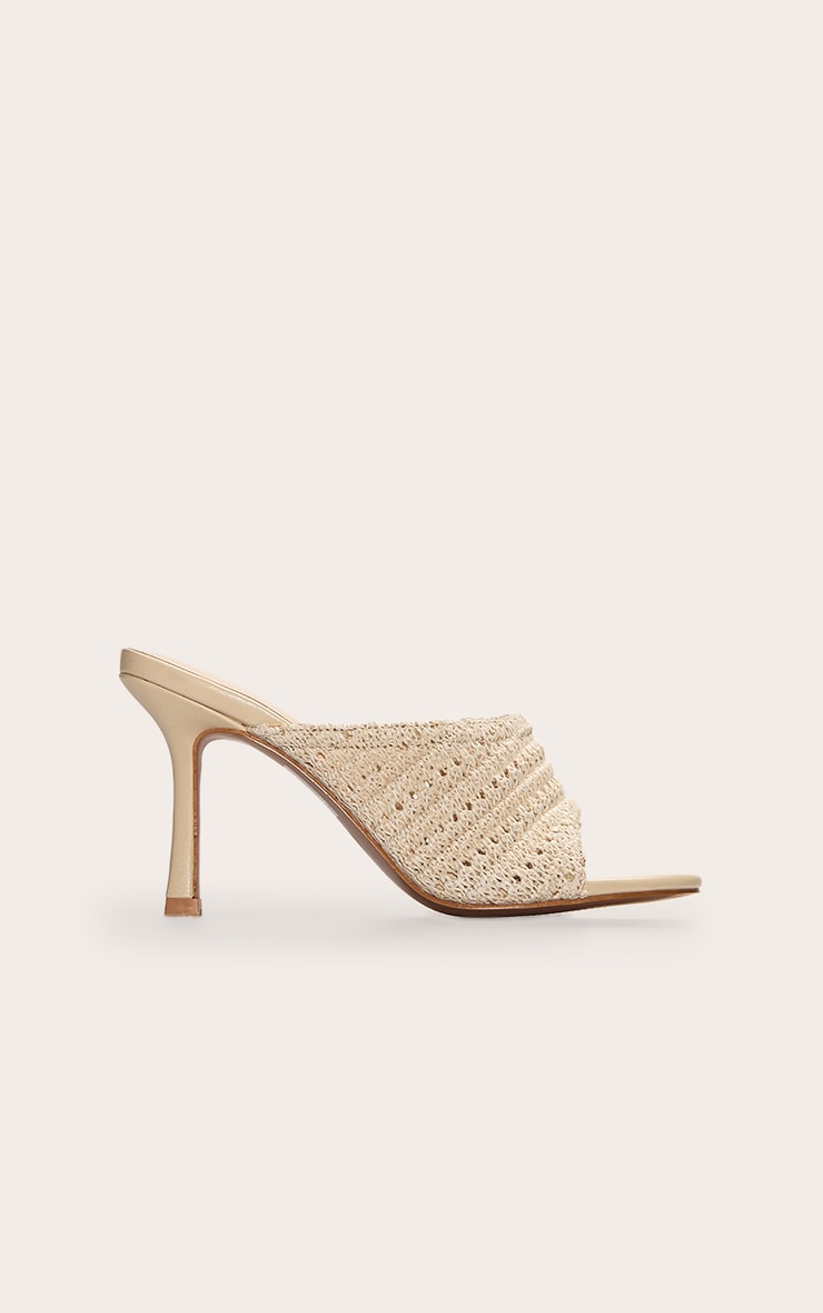 Mules rondes en PU crème à talon moyen et bride en maille style crochet image 5