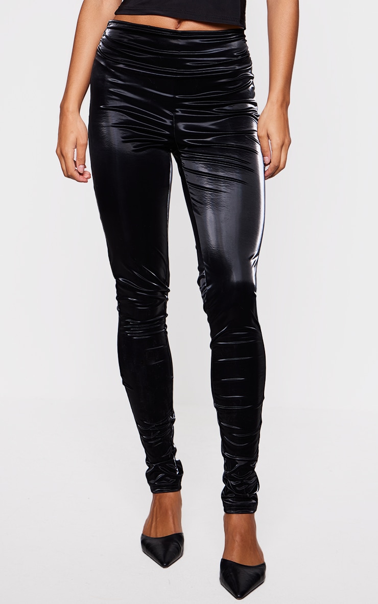 Black Matte Vinyl Low Rise Fold Over Waist Pants image 2