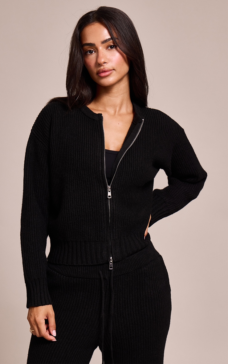 Petite Black Brushed Rib Knit Zip Through Cardigan image 1
