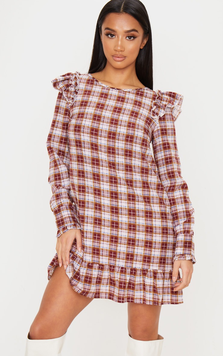 Petite - Mini-robe rouge à carreaux à ourlet volanté et manches longues