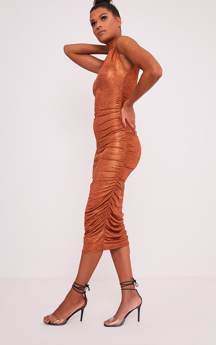 Alexia Copper Metallic High Neck Midi Dress PrettyLittleThing