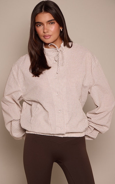 Cream Checked Funnel Neck Tie Detail Long Sleeve Shirt