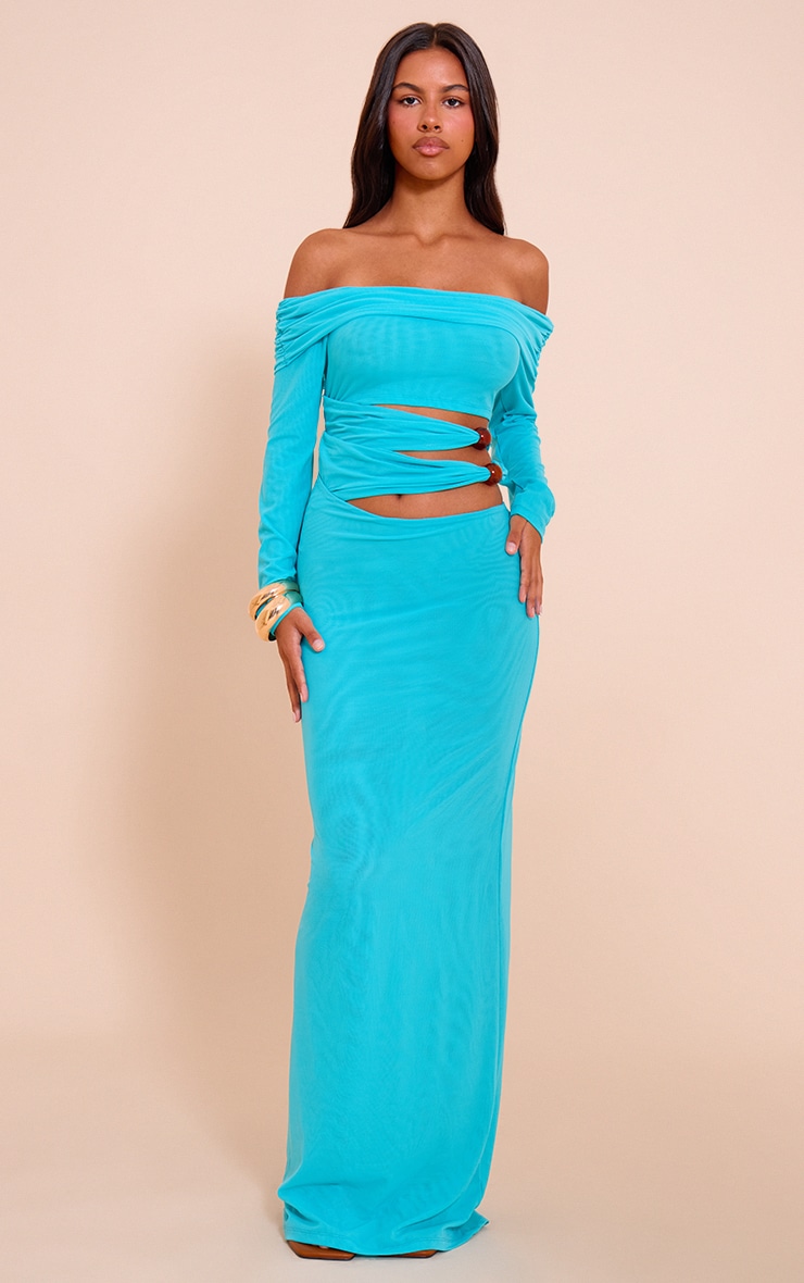 Petite Blue Bead Detail Cut Out Long Sleeve Maxi Dress image 1