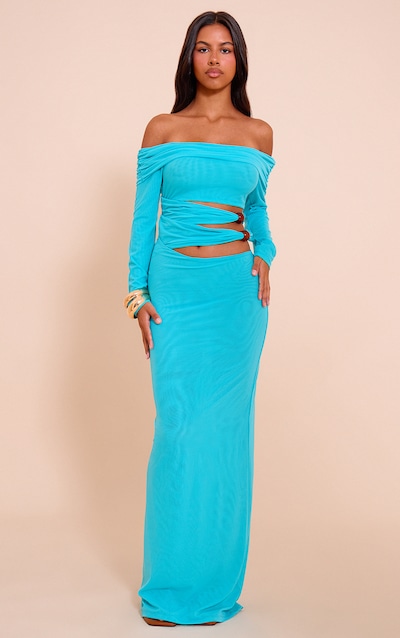Petite Blue Bead Detail Cut Out Long Sleeve Maxi Dress