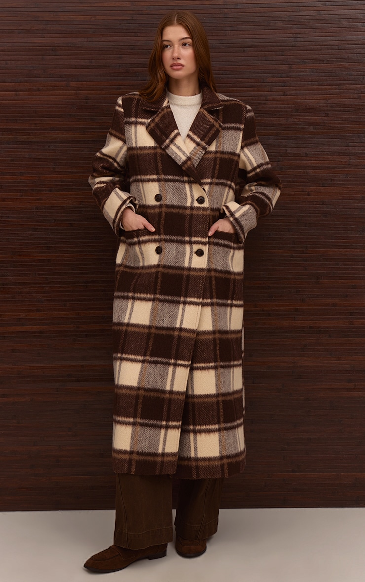 Brown Checked Structured Double Breasted Wool Look Maxi Coat image 4